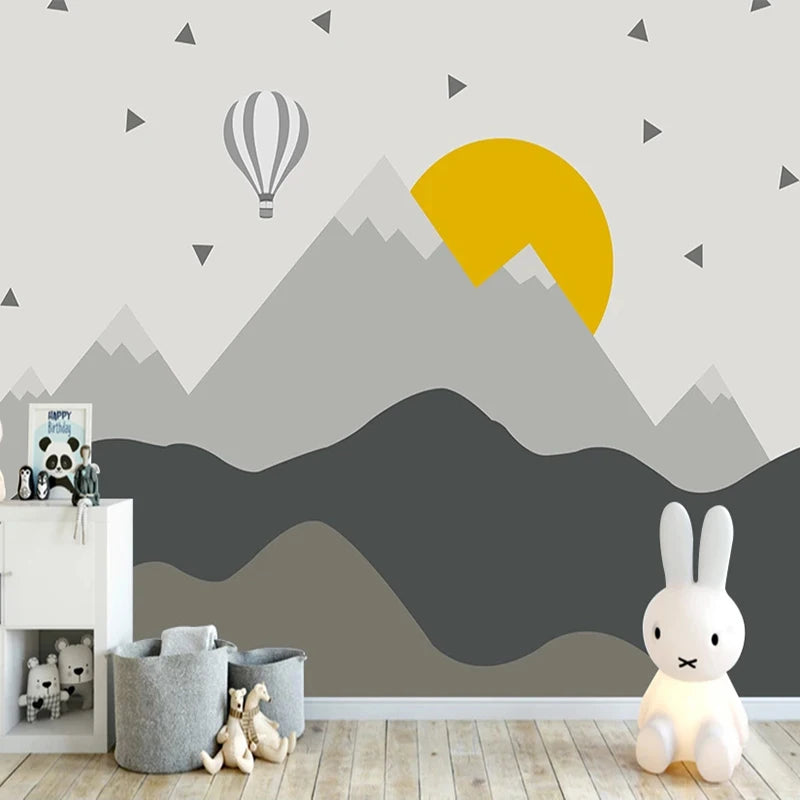 Nursery Mural Wallpaper Sun Mountain Tops and Hot Air Balloon Gray