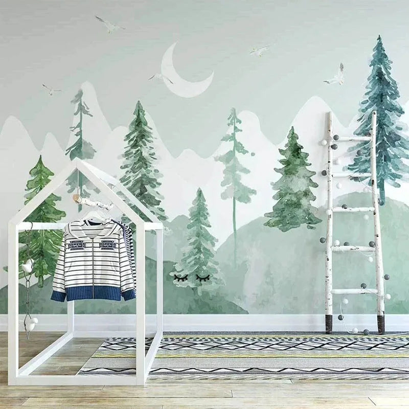 Nursery Wall Paper Mural - Pine Trees, Mountains, Crescent Moon - Green Children's Room