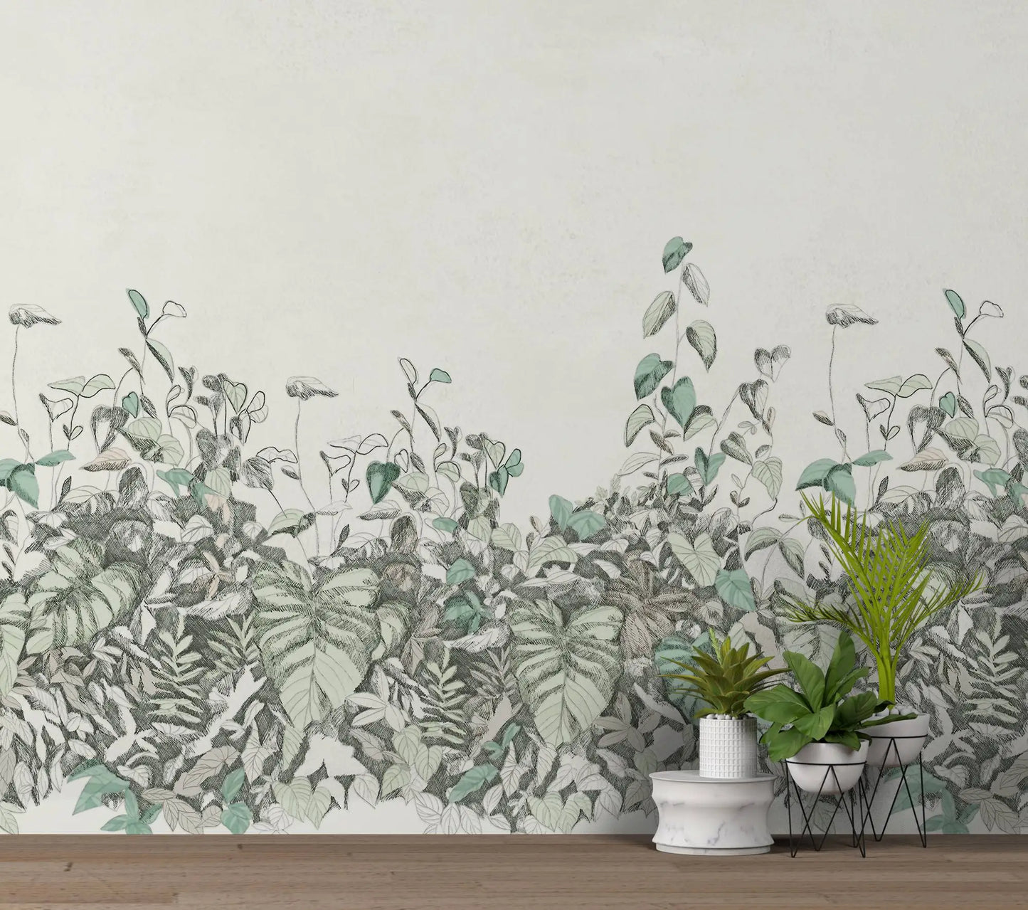 Garden Shrubs Painting Wallpaper Decor - Self Adhesive - Backdrop Green