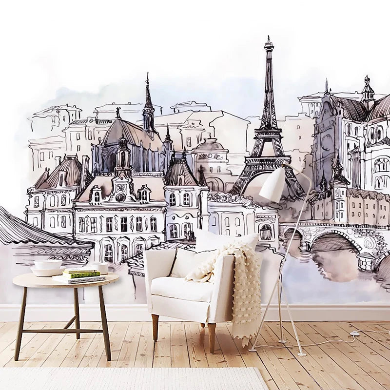 Paris in Watercolor Mural Wallpaper - Living Room wall decor