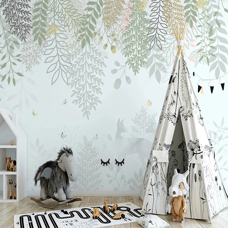 Nursery Wall Paper Nordic Decor Green Leaves Fall Winter Wall