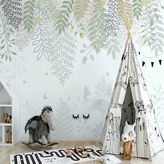 Nursery Wall Paper Nordic Decor Green Leaves Fall Winter Wall