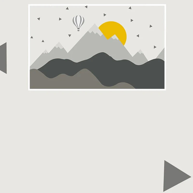 Nursery Mural Wallpaper Sun Mountain Tops and Hot Air Balloon Gray - As Poster
