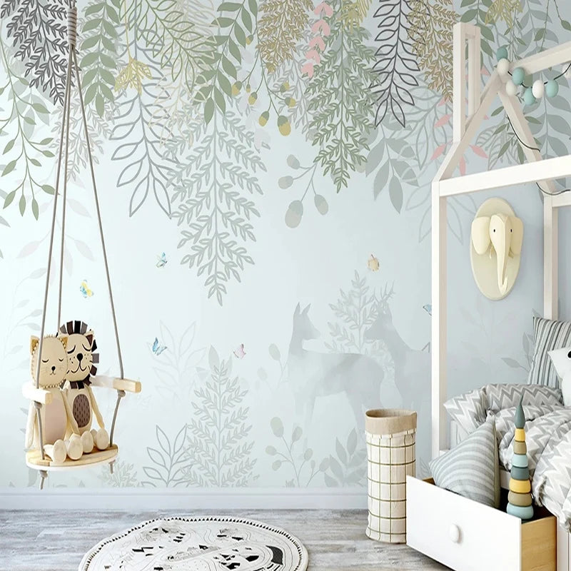 Nursery Wall Paper Nordic Decor Green Leaves Fall Winter Wall - Nursery room ideas