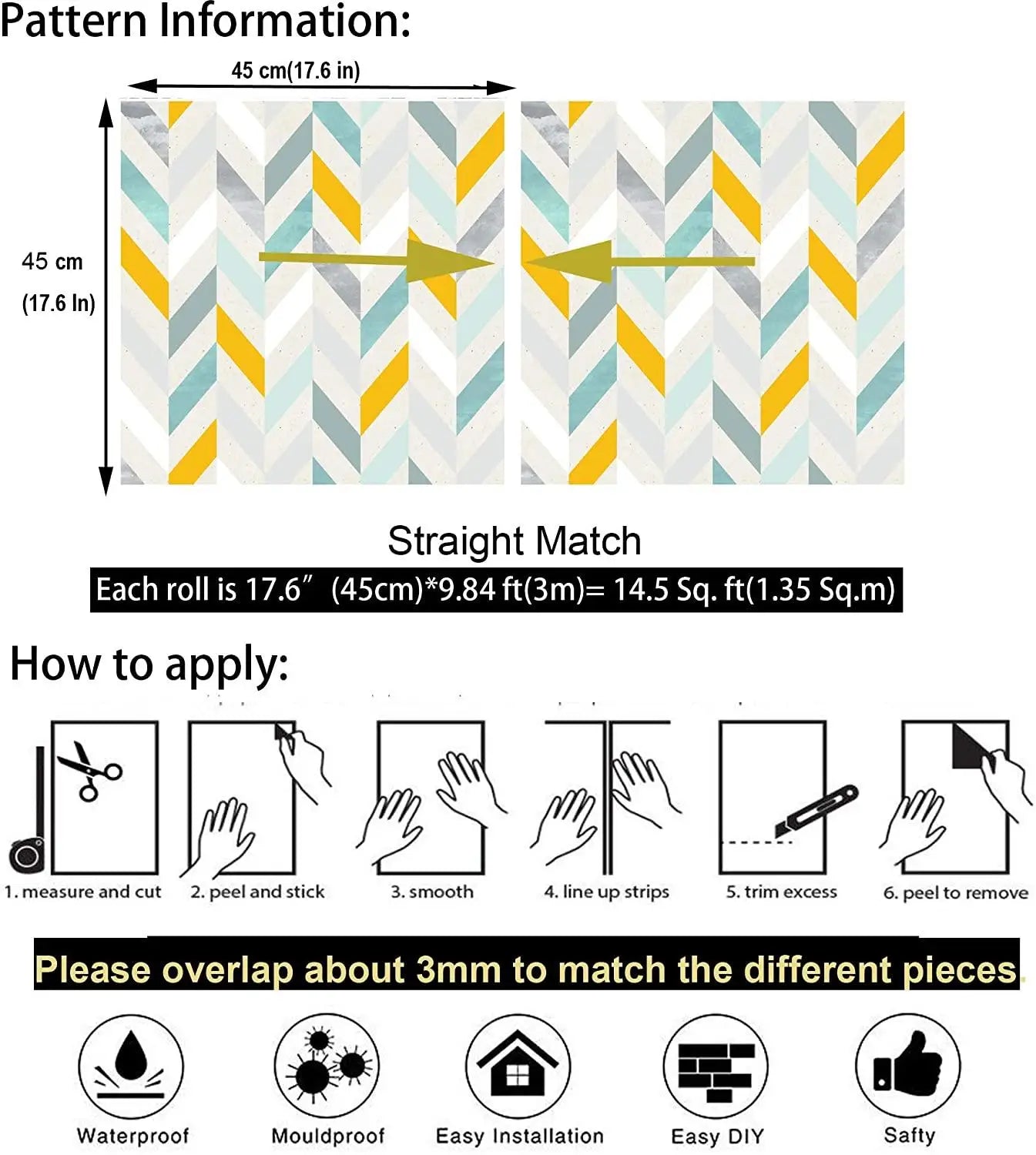 Multicolor Herringbone Peel and Stick Wallpaper - Self-Adhesive Prepasted Contact Paper Wall Mural for Living Room - Size