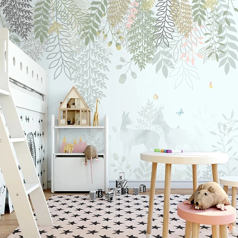 Nursery Wall Paper Nordic Decor Green Leaves Fall Winter Wall - Children Room Wall Decor