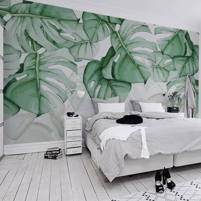 Monsterra Wallpaper Mural Watercolor Design - Bedroom