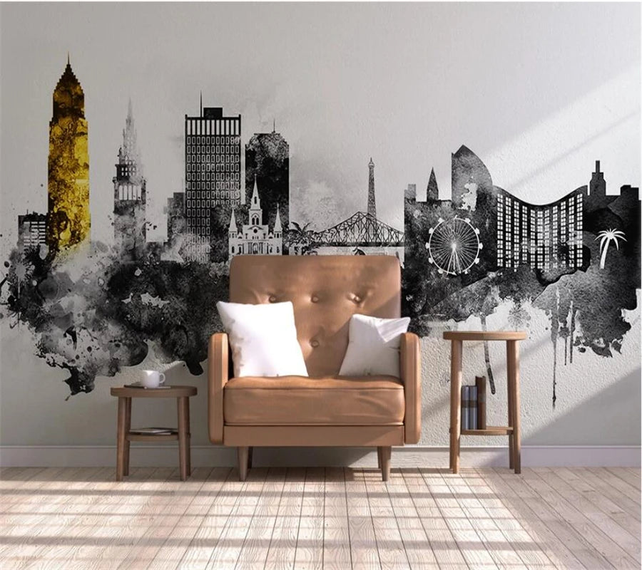 City Landmarks Mural Wallpaper in Ink Watercolor