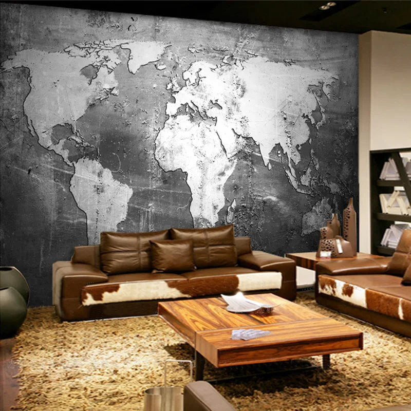 World Map in Black & White Mural Wallpaper Decor - Living Room