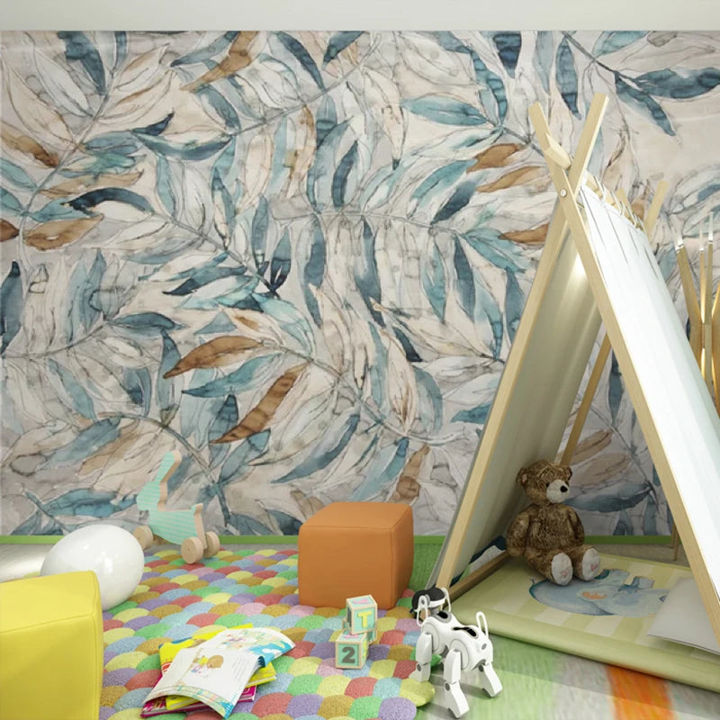 Custom Mural Wallpaper Leaves in Bronze and Teal - bedroom wall decor