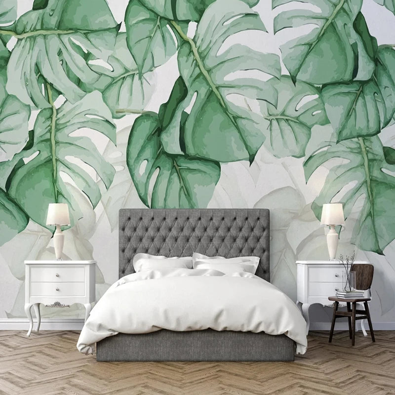 Monsterra Wallpaper Mural Watercolor Design - Bedroom