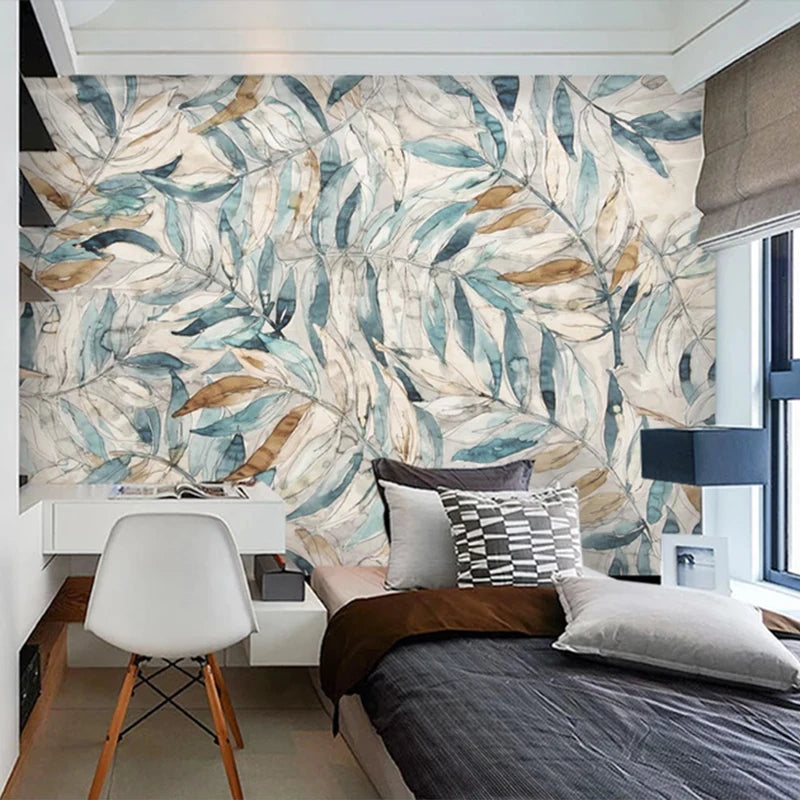 Custom Mural Wallpaper Leaves in Bronze and Teal - Living Room wall decor