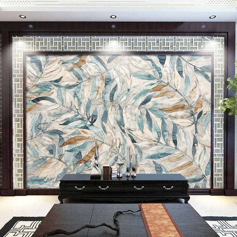 Custom Mural Wallpaper Leaves in Bronze and Teal - reception wall