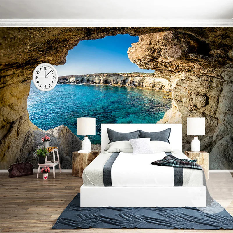 3D Wallpaper cave with sea view - bedroom wall decor
