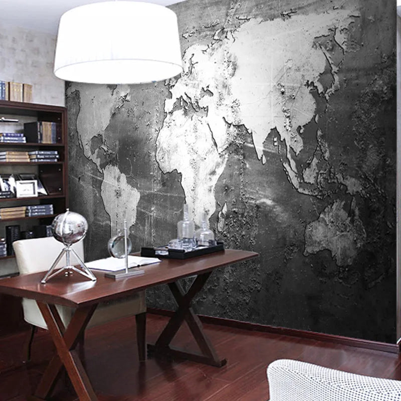 World Map in Black & White Mural Wallpaper Decor - Library