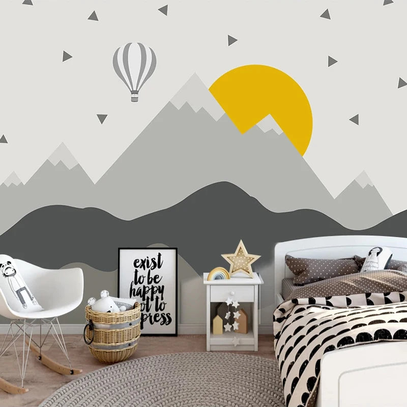 Nursery Mural Wallpaper Sun Mountain Tops and Hot Air Balloon Gray - Children Bedroom