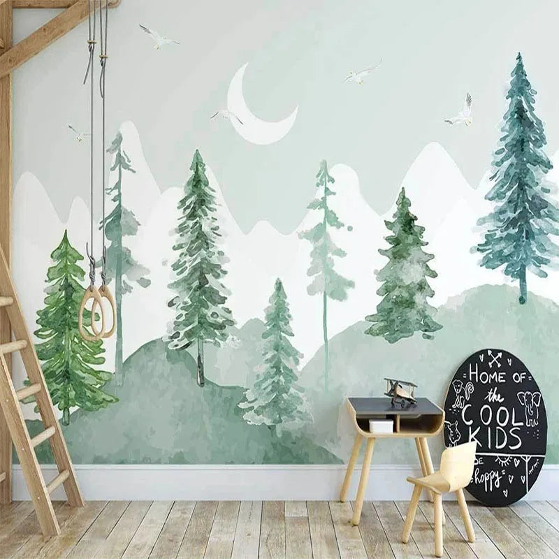 Nursery Wall Paper Mural - Pine Trees, Mountains, Crescent Moon - Green