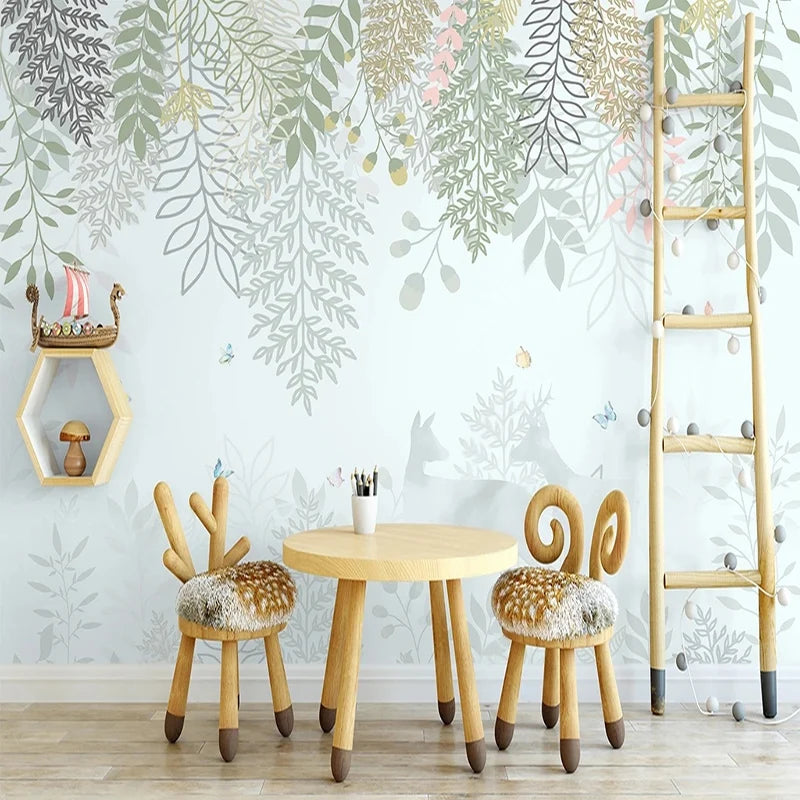 Nursery Wall Paper Nordic Decor Green Leaves Fall Winter Wall