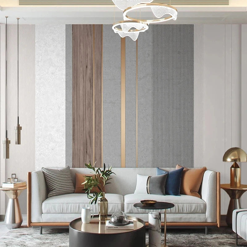 Modern Contemporary Abstract Mural Wallpaper in Gold & Gray White - Living Room