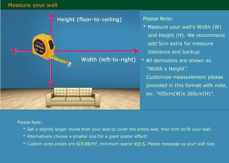 Measure wall to order size of 3D wallpaper