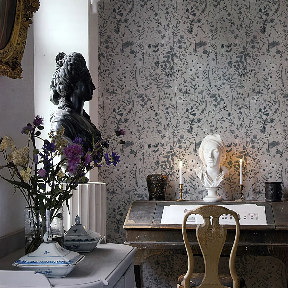 Blue Gray Blooms Wallpaper Roll PVC - Wall Decor