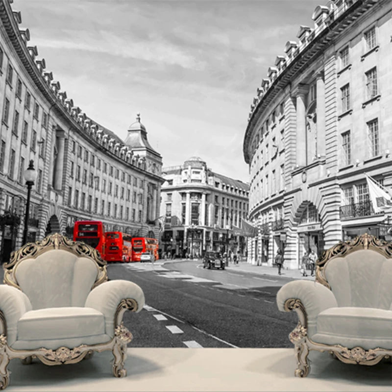 London Black & White and Red Bus - 3D Mural Wallpaper - Living Area