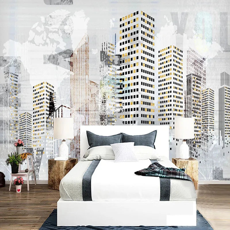 City Building Sketch Colors Mural Wallpaper - Bedroom