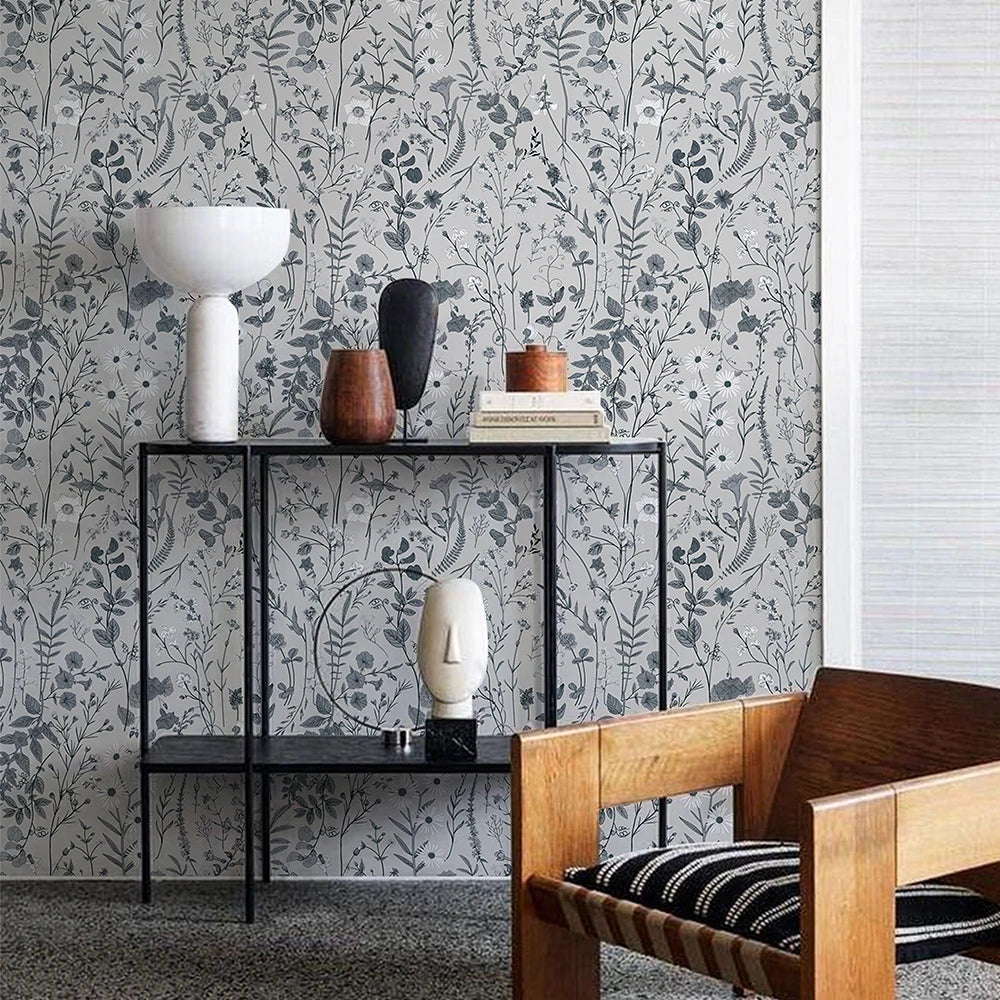 Blue Gray Blooms Wallpaper Roll PVC - Living Area