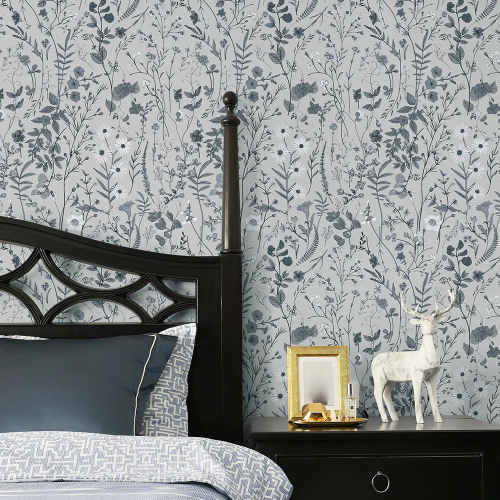 48928569262404|48928569295172|48928569327940Blue Gray Blooms Wallpaper Roll PVC - Bedroom Wall
