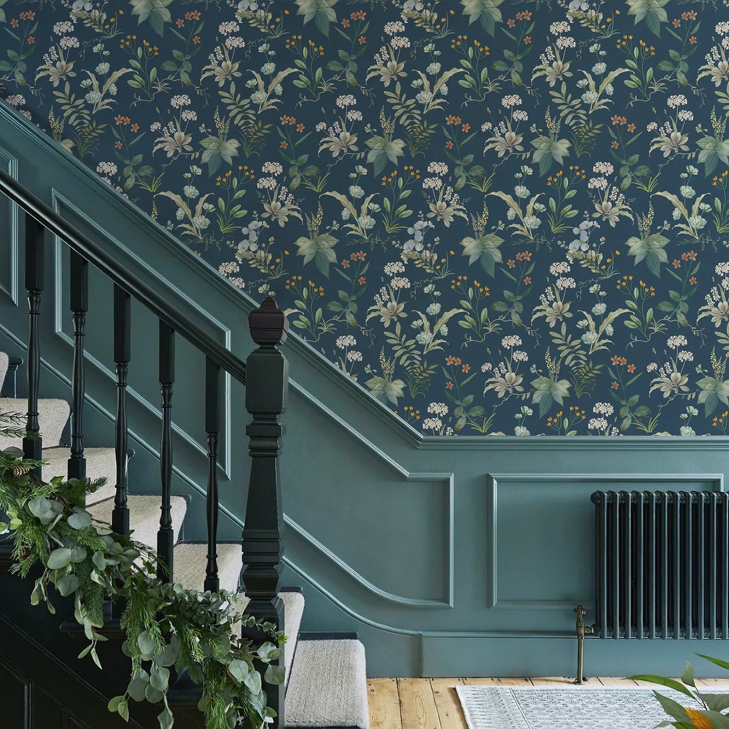 Sea green florals pattern wallpaper PVC peel & stick - retro design