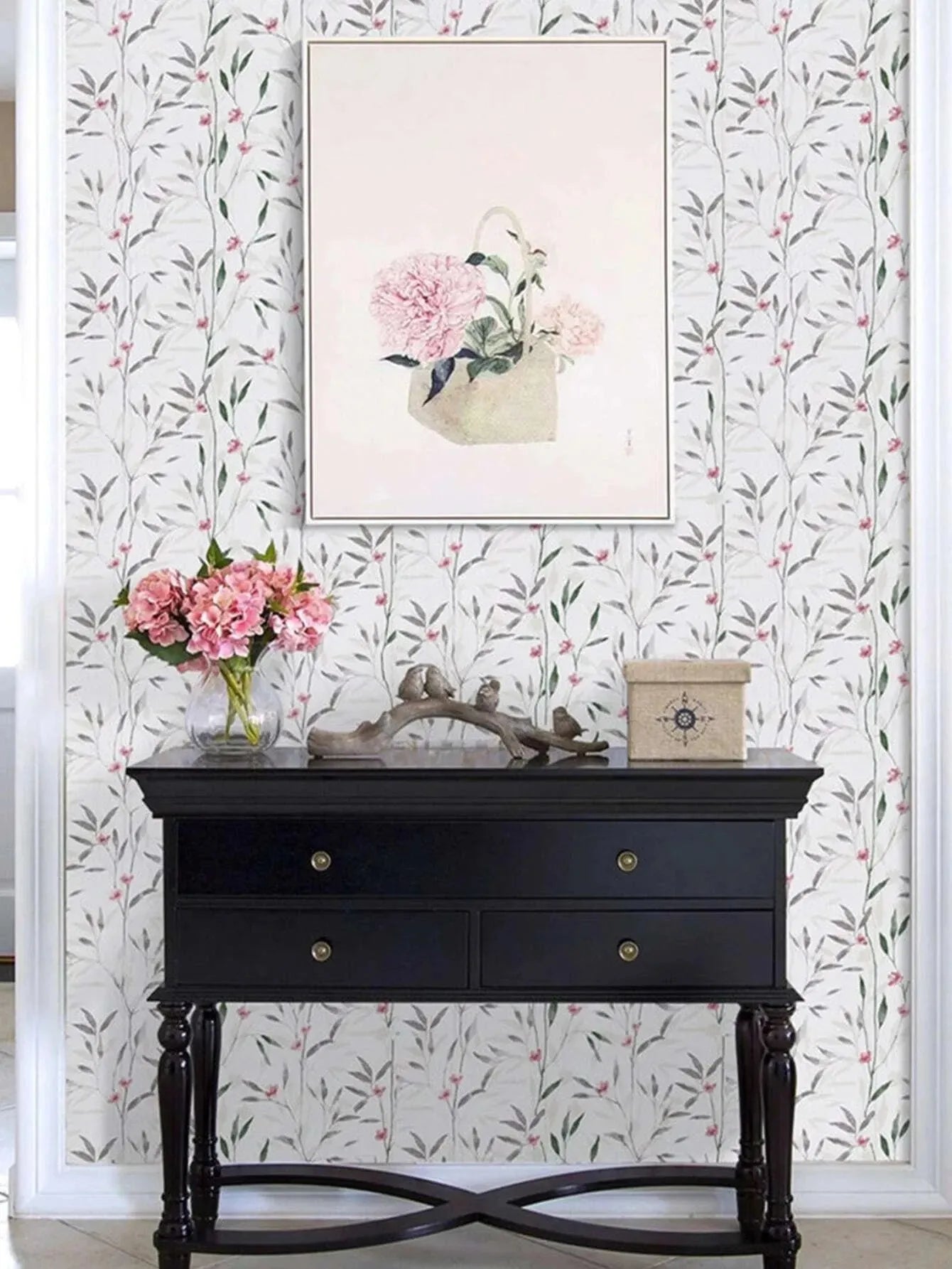 Peel and Stick Pink Floral & Green Leaf Wallpaper - Living Space