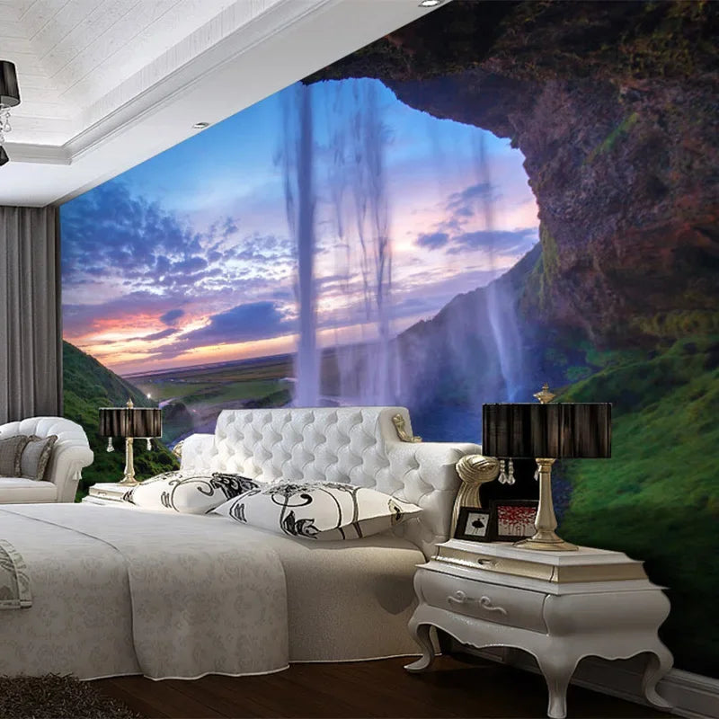 Inside View waterfall 3D Wallpaper Sunset - Realistic