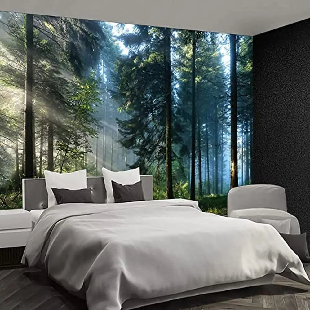 Mystic Pine Trees with Sunlight 3D Wallpaper - Bedroom - Self Adhesive