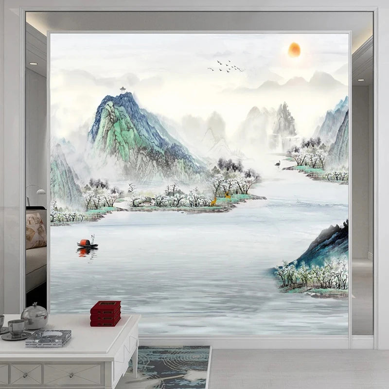 Chinese Art Mural Custom Wallpaper Mountains and River - Poster style