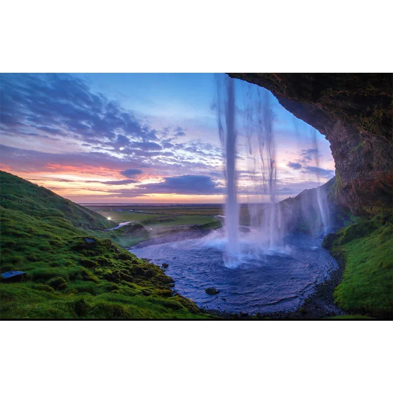 Inside View waterfall 3D Wallpaper Sunset - Realistic - Full Width Design