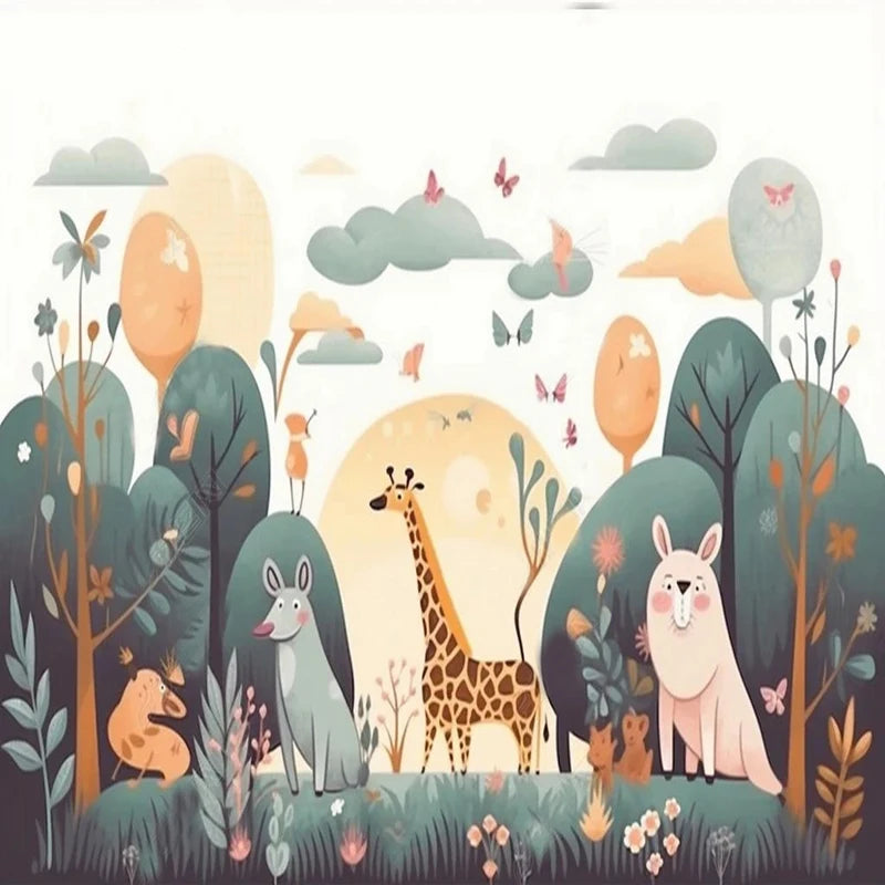 Kids Nursery Mural Wallpaper - Animals, Green, Butterflies, Giraffe - Design