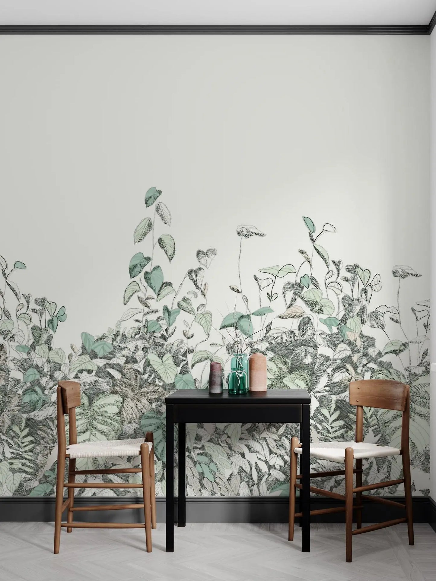 Garden Shrubs Painting Wallpaper Decor - Self Adhesive - Dining Watercolor Backdrop