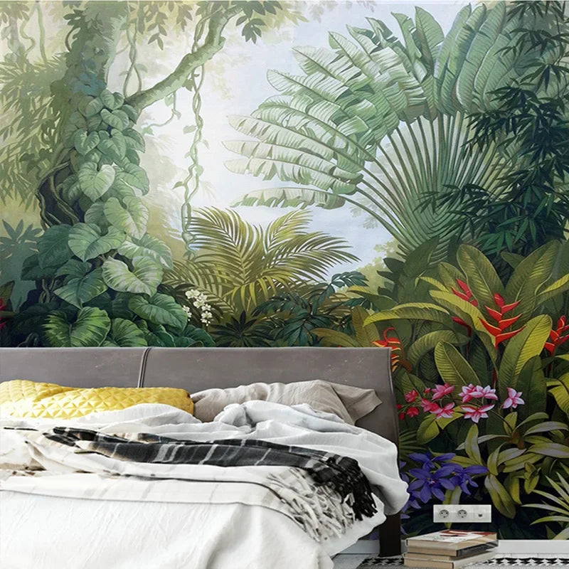 Bedroom wallpaper of rainforest nature - greens, plants painting