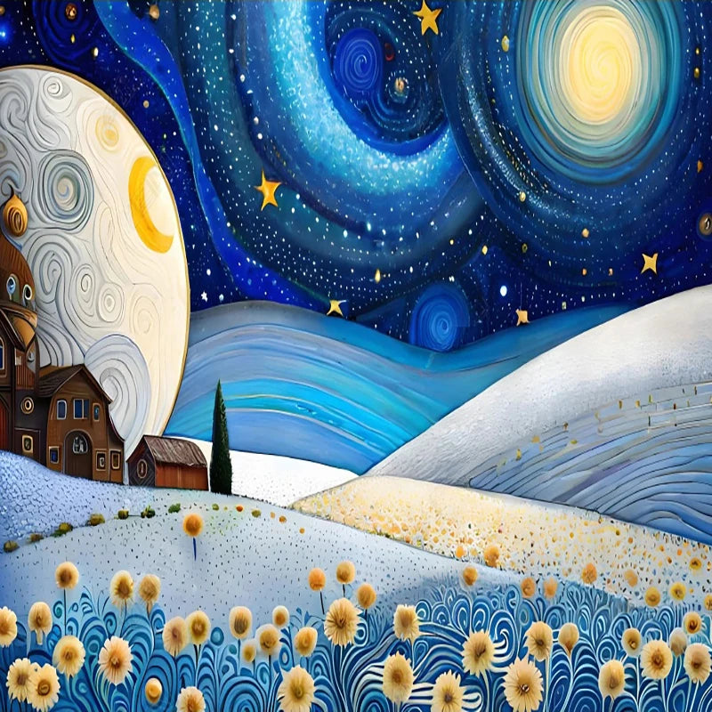Space Imagination Mural Wallpaper - with sunflowers at night sky