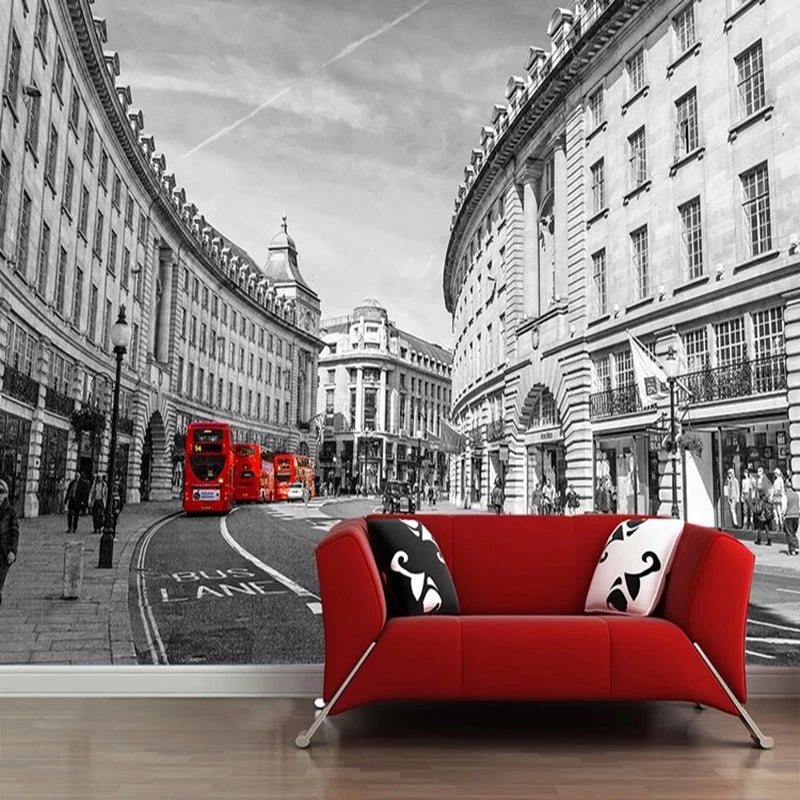 London Black & White and Red Bus - 3D Mural Wallpaper