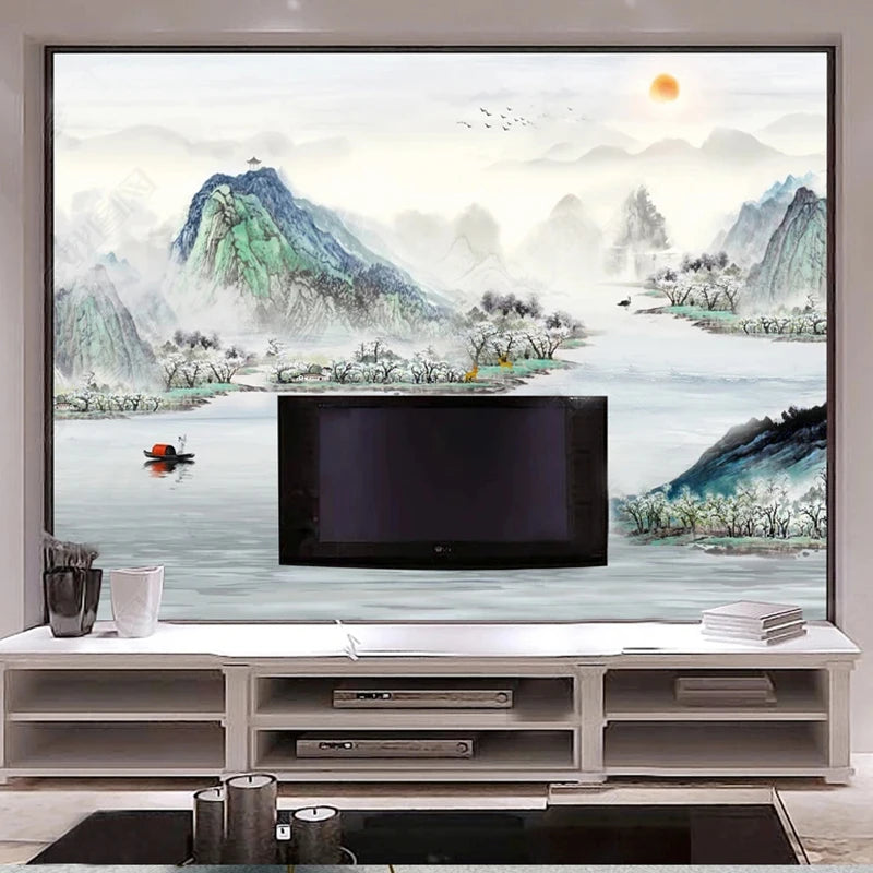 Chinese Art Mural Custom Wallpaper Mountains and River - TV wall backdrop