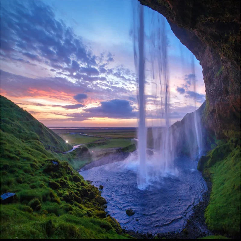 Inside View waterfall 3D Wallpaper Sunset - Realistic