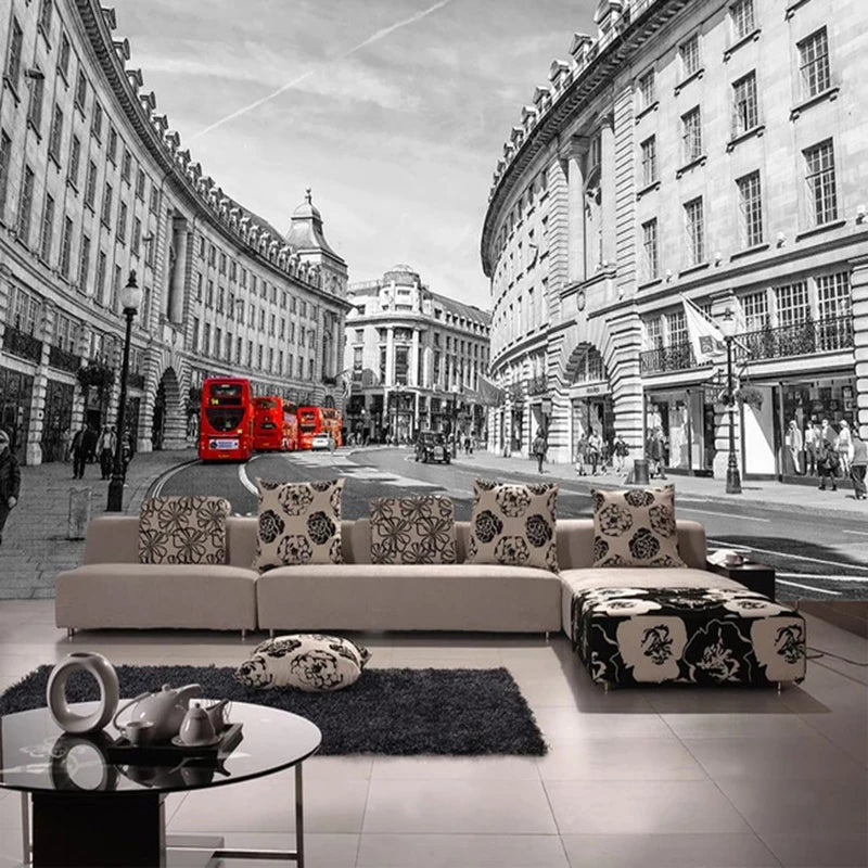 London Black & White and Red Bus - 3D Mural Wallpaper - Living Space