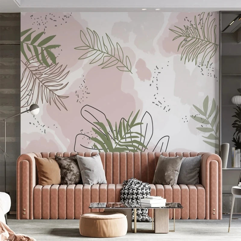 Natasha — a pastoral tropical leaves on pink pastel mural wallpaper - No Boring Wall