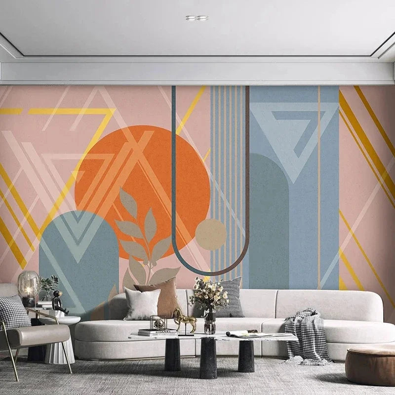 Katrina Mural Wallpaper - Geometric Modern Pop Culture Wallpaper design - Orange, Green Mint Living Room