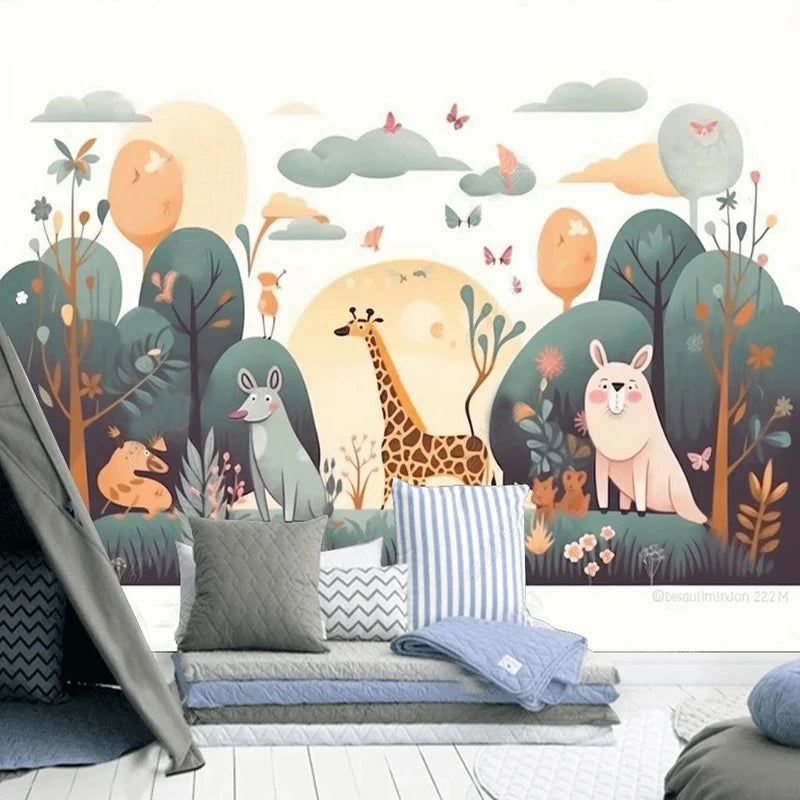 Kids Nursery Mural Wallpaper - Animals, Green, Butterflies, Giraffe