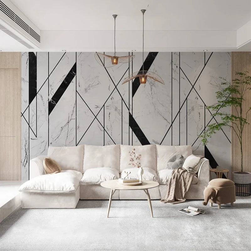 Modern Black White Geometric Lines Marble Art Mural