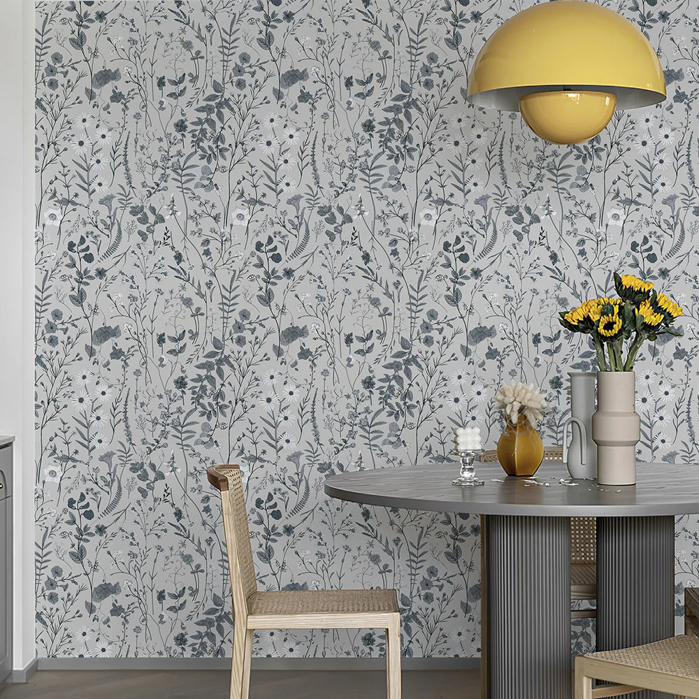 Blue Gray Blooms Wallpaper Roll PVC