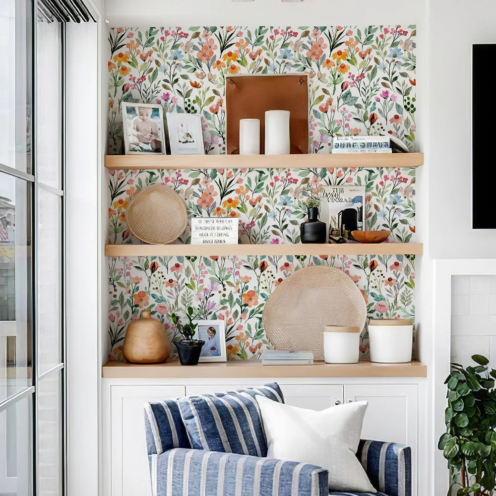 Summer Florals Wallpaper Roll - Living Room Wall Shelves