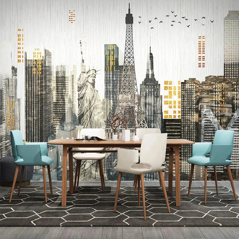 Custom Mural Wallpaper 3D Hand Drawn City Buildings Landscape - World Cities - Dining Area